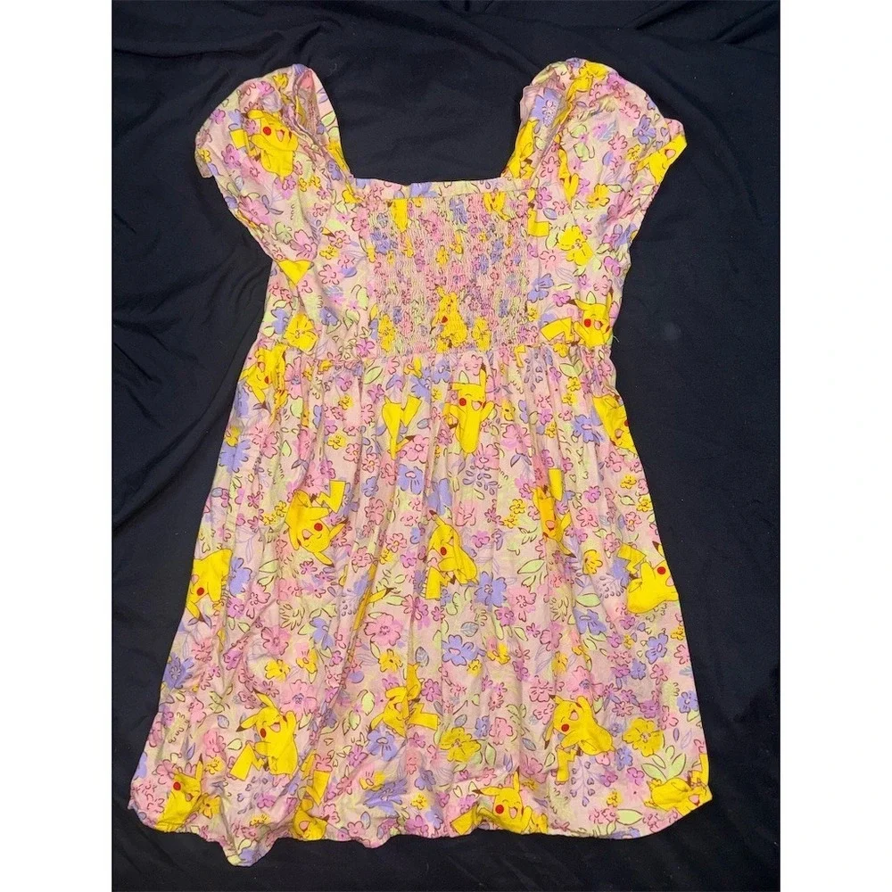 Pokemon Pikachu Floral Girls Dress 14 Purple Yellow Smocked Back XL square neck